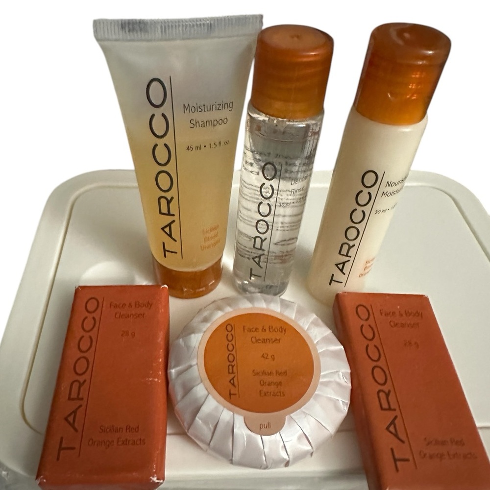 6 Piece Tarocco face & body travel Shampoo Moisturizer soaps & Dental Rinse New